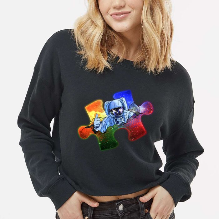 Cool Funny Autism Awareness Galaxy Puzzle Piece Astronaut Cropped Pullover Crew