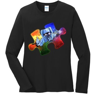 Cool Funny Autism Awareness Galaxy Puzzle Piece Astronaut Ladies Long Sleeve Shirt