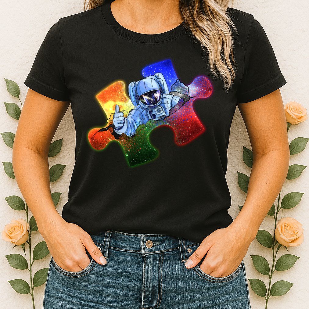 Cool Funny Autism Awareness Galaxy Puzzle Piece Astronaut Womens T-Shirt