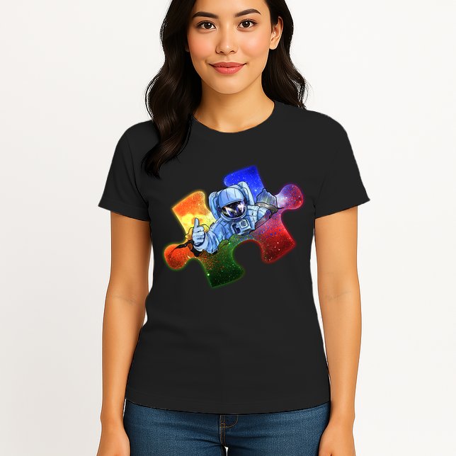 Cool Funny Autism Awareness Galaxy Puzzle Piece Astronaut Womens T-Shirt