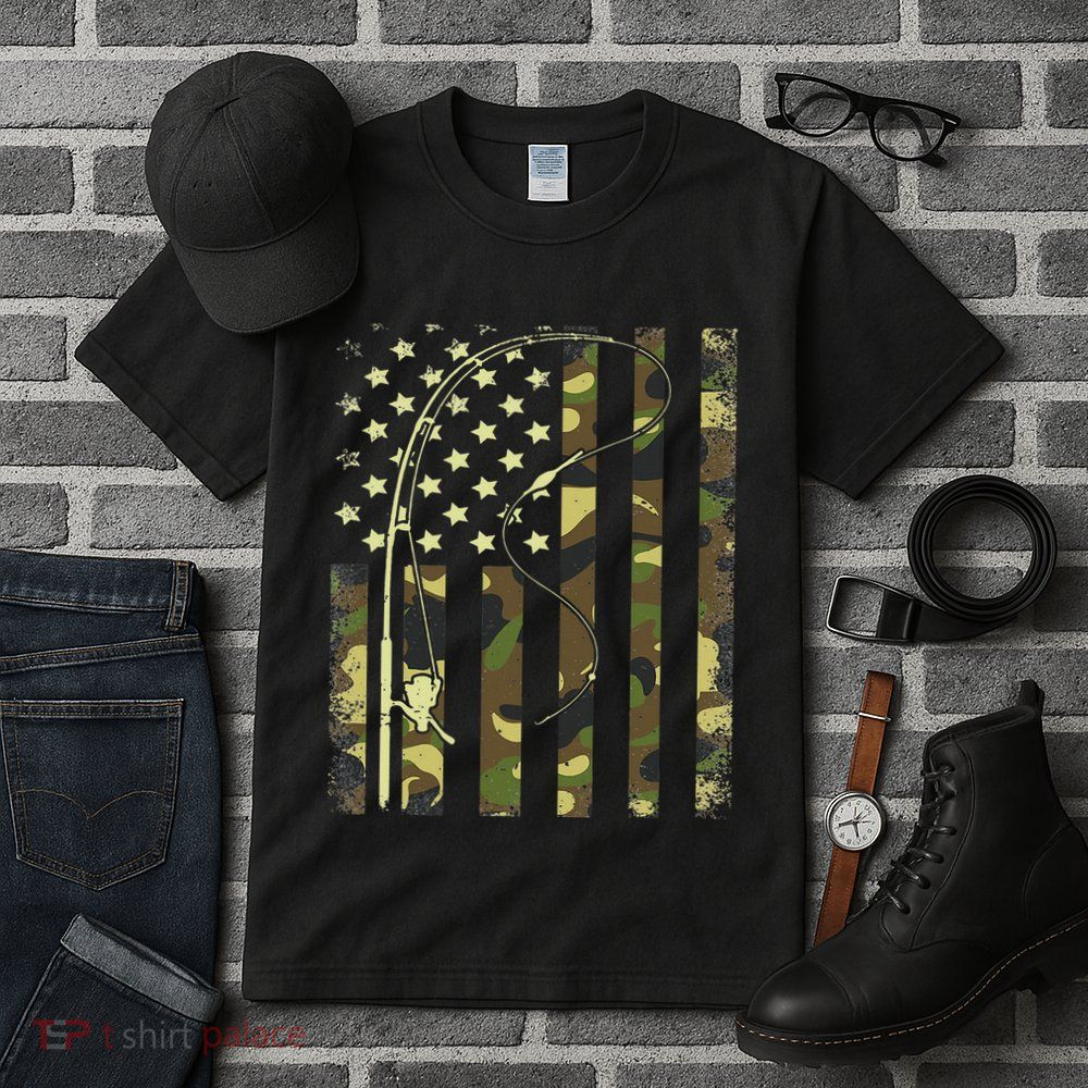 Camo Fishing American Flag Bass Fishing Tall T-Shirt
