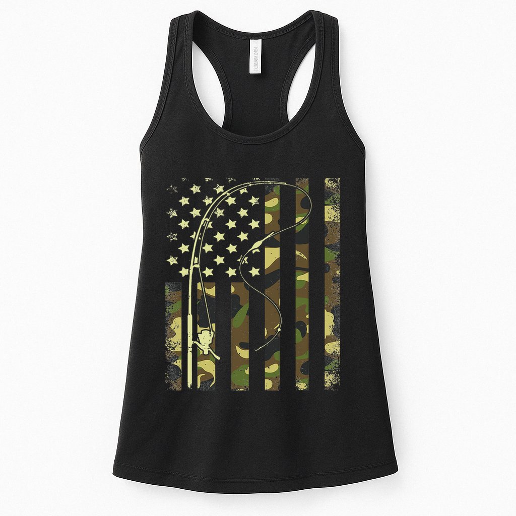 Camo Fishing American Flag Bass Fishing Womens Tank Top