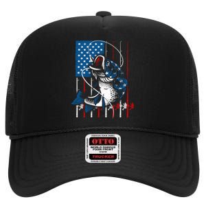 Cool Fishing American Flag Usa Fish Lover High Crown Mesh Back Trucker Hat