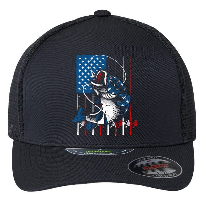 Cool Fishing American Flag Usa Fish Lover Flexfit Unipanel Trucker Cap