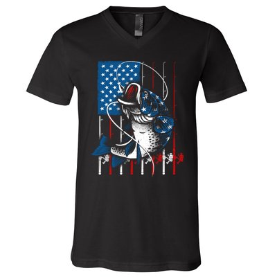 Cool Fishing American Flag Usa Fish Lover V-Neck T-Shirt