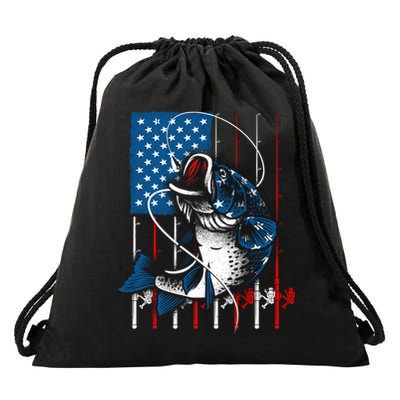 Cool Fishing American Flag Usa Fish Lover Drawstring Bag