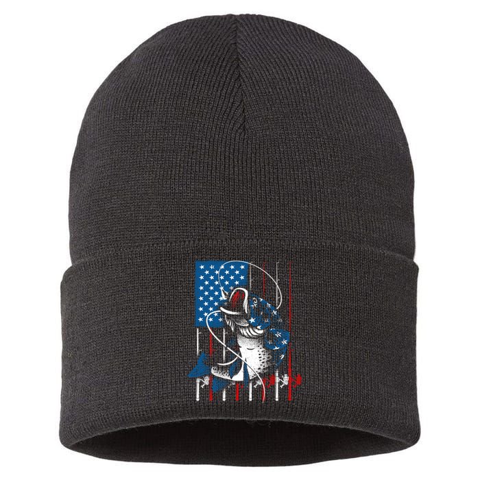 Cool Fishing American Flag Usa Fish Lover Sustainable Knit Beanie