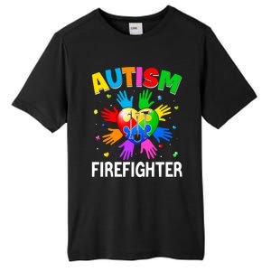 Cool Firefighter Autism Awareness Heart Puzzle Raising Hand Gift Tall Fusion ChromaSoft Performance T-Shirt