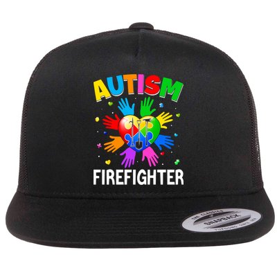 Cool Firefighter Autism Awareness Heart Puzzle Raising Hand Gift Flatbill Hat
