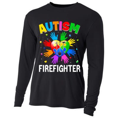 Cool Firefighter Autism Awareness Heart Puzzle Raising Hand Gift Cooling Performance Long Sleeve Crew