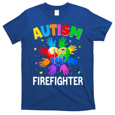 Cool Firefighter Autism Awareness Heart Puzzle Raising Hand Gift T-Shirt