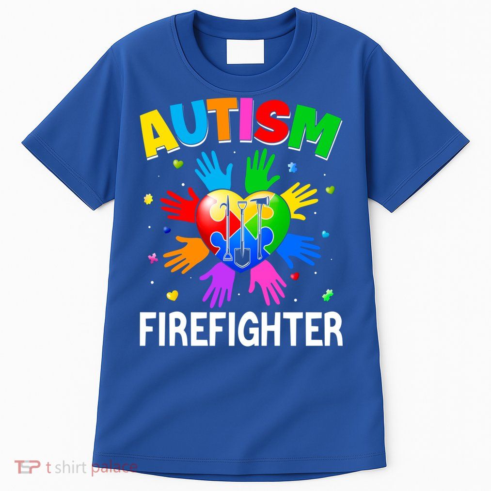 Cool Firefighter Autism Awareness Heart Puzzle Raising Hand Gift Tall T-Shirt
