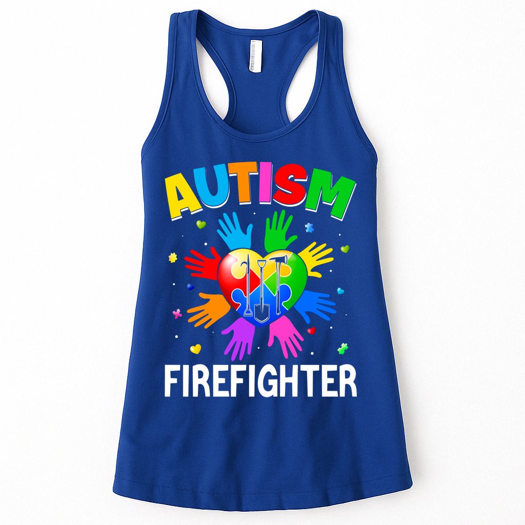 Cool Firefighter Autism Awareness Heart Puzzle Raising Hand Gift Womens Tank Top