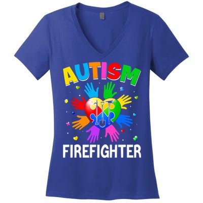 Cool Firefighter Autism Awareness Heart Puzzle Raising Hand Gift Women's V-Neck T-Shirt