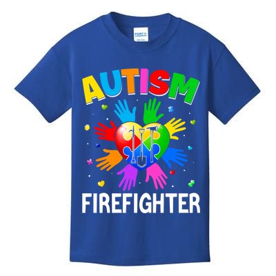 Cool Firefighter Autism Awareness Heart Puzzle Raising Hand Gift Kids T-Shirt
