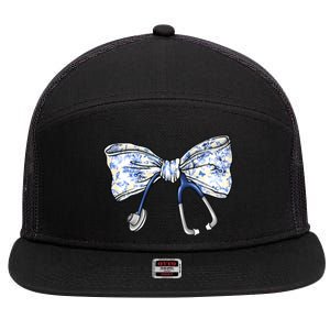 Cute Floral Blue Coquette Bow Stethoscope Nurse Doctor Women Sweatshirt 7 Panel Mesh Trucker Snapback Hat