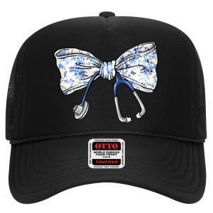 Cute Floral Blue Coquette Bow Stethoscope Nurse Doctor Women Sweatshirt High Crown Mesh Back Trucker Hat