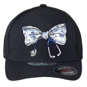 Cute Floral Blue Coquette Bow Stethoscope Nurse Doctor Women Sweatshirt Flexfit Unipanel Trucker Cap