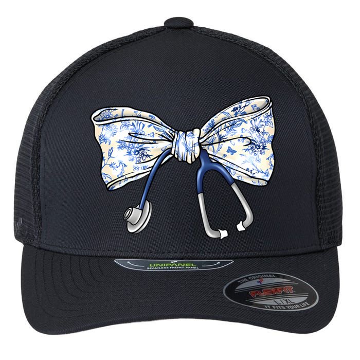 Cute Floral Blue Coquette Bow Stethoscope Nurse Doctor Women Sweatshirt Flexfit Unipanel Trucker Cap