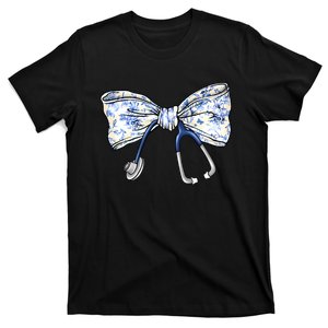 Cute Floral Blue Coquette Bow Stethoscope Nurse Doctor Women Sweatshirt T-Shirt