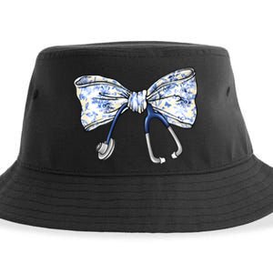 Cute Floral Blue Coquette Bow Stethoscope Nurse Doctor Women Sweatshirt Sustainable Bucket Hat