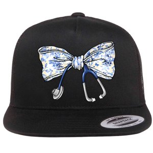 Cute Floral Blue Coquette Bow Stethoscope Nurse Doctor Women Sweatshirt Flat Bill Trucker Hat