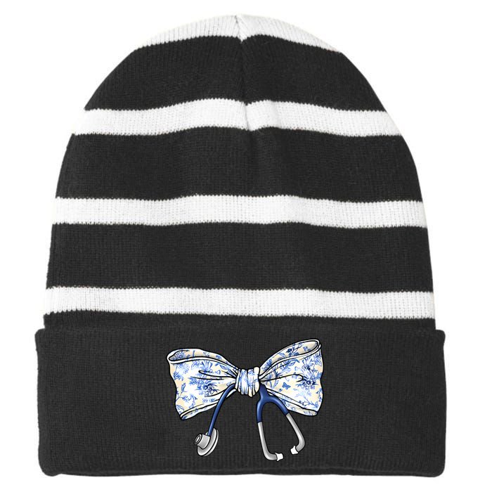 Cute Floral Blue Coquette Bow Stethoscope Nurse Doctor Women Sweatshirt Striped Beanie with Solid Band