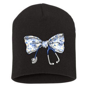 Cute Floral Blue Coquette Bow Stethoscope Nurse Doctor Women Sweatshirt Short Acrylic Beanie