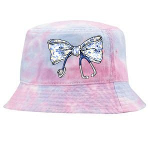 Cute Floral Blue Coquette Bow Stethoscope Nurse Doctor Women Sweatshirt Tie-Dyed Bucket Hat