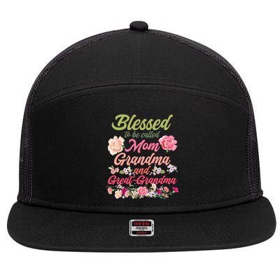 Cute Flower Blessed To Be Called Mom Grandma And Great Grandma 7 Panel Mesh Trucker Snapback Hat