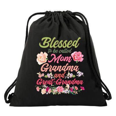 Cute Flower Blessed To Be Called Mom Grandma And Great Grandma Drawstring Bag