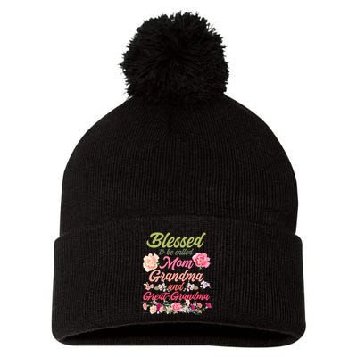 Cute Flower Blessed To Be Called Mom Grandma And Great Grandma Pom Pom 12in Knit Beanie