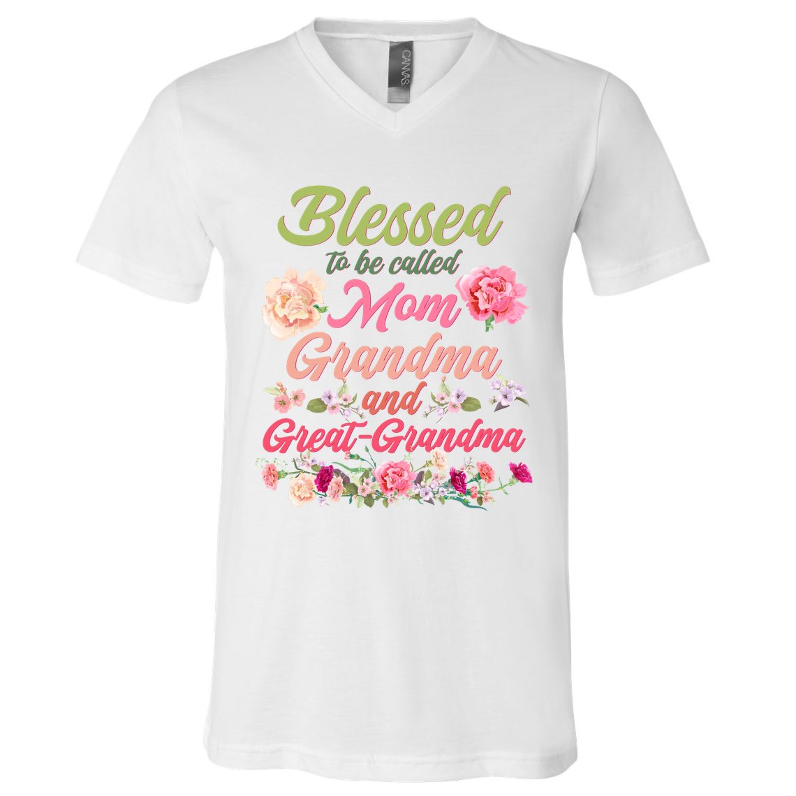 Cute Flower Blessed To Be Called Mom Grandma And Great Grandma V-Neck T-Shirt