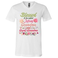 Cute Flower Blessed To Be Called Mom Grandma And Great Grandma V-Neck T-Shirt