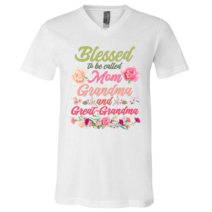 Cute Flower Blessed To Be Called Mom Grandma And Great Grandma V-Neck T-Shirt