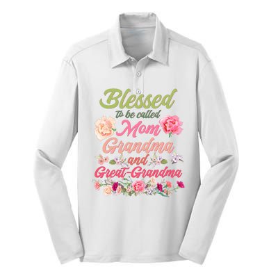 Cute Flower Blessed To Be Called Mom Grandma And Great Grandma Silk Touch Performance Long Sleeve Polo