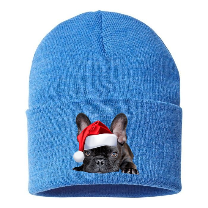 Cute French Bulldog Santa Hat Frenchie Image Christmas Gift Sustainable Knit Beanie