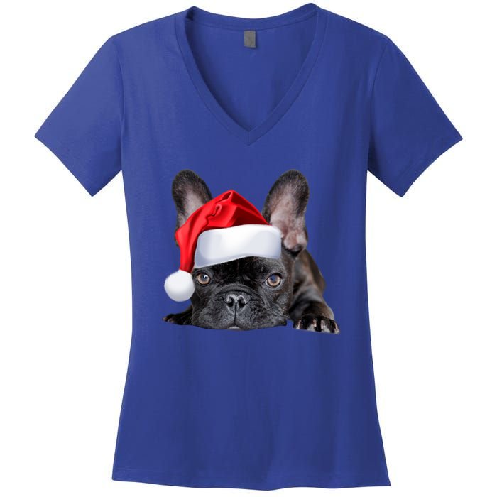 Cute French Bulldog Santa Hat Frenchie Image Christmas Gift Women's V-Neck T-Shirt