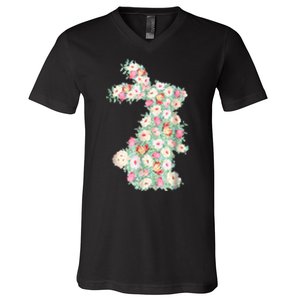 Cute Floral Bunny Rabbit Funny Easter Day V-Neck T-Shirt