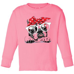 Cute French Bulldog Colorful Headband And Glasses Toddler Long Sleeve Shirt