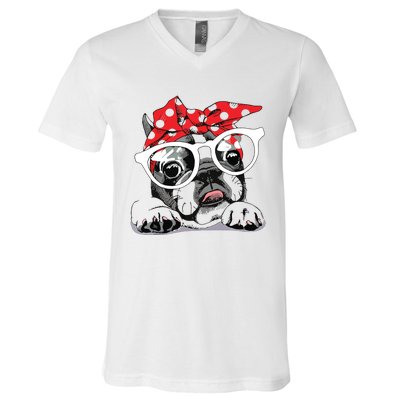 Cute French Bulldog Colorful Headband And Glasses V-Neck T-Shirt