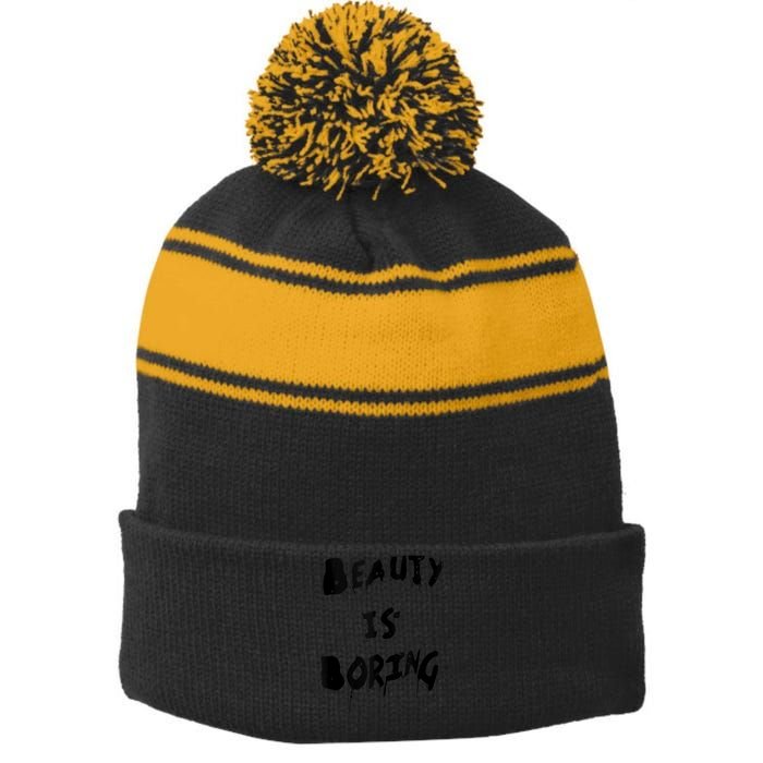 Cool Funny Beauty is Boring Nerd Geek Retro Graphic Stripe Pom Pom Beanie