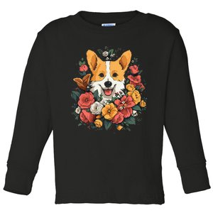 Corgi Flower Bouquet Toddler Long Sleeve Shirt