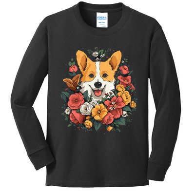 Corgi Flower Bouquet Kids Long Sleeve Shirt