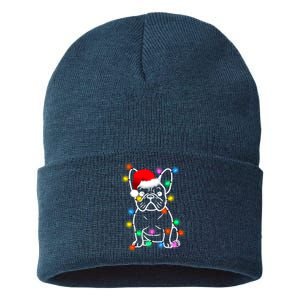 Cute French Bulldog Christmas Lights Sustainable Knit Beanie