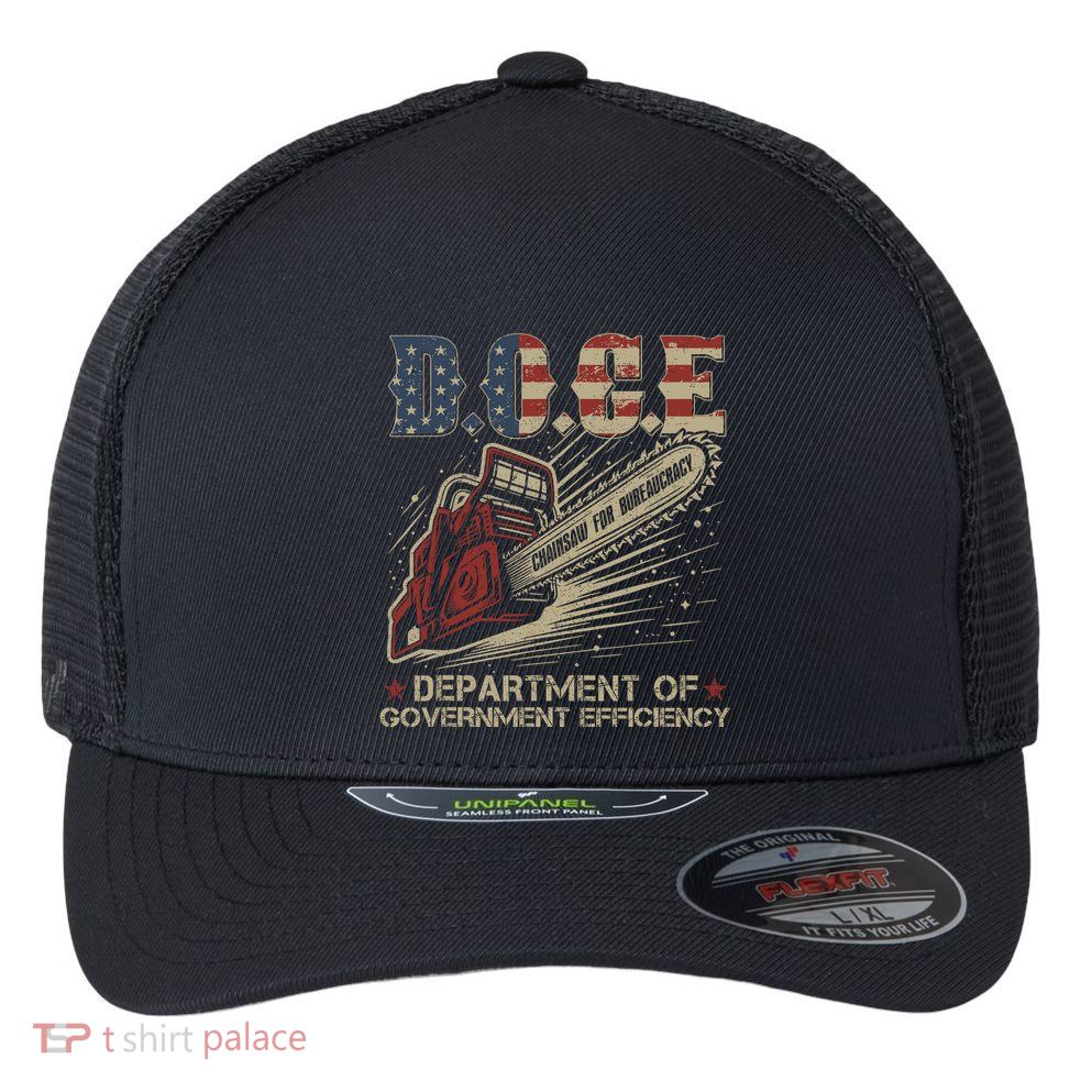 Chainsaw For Bureaucracy Funny D.O.G.E Doge Usa Flag Flexfit Unipanel Trucker Cap