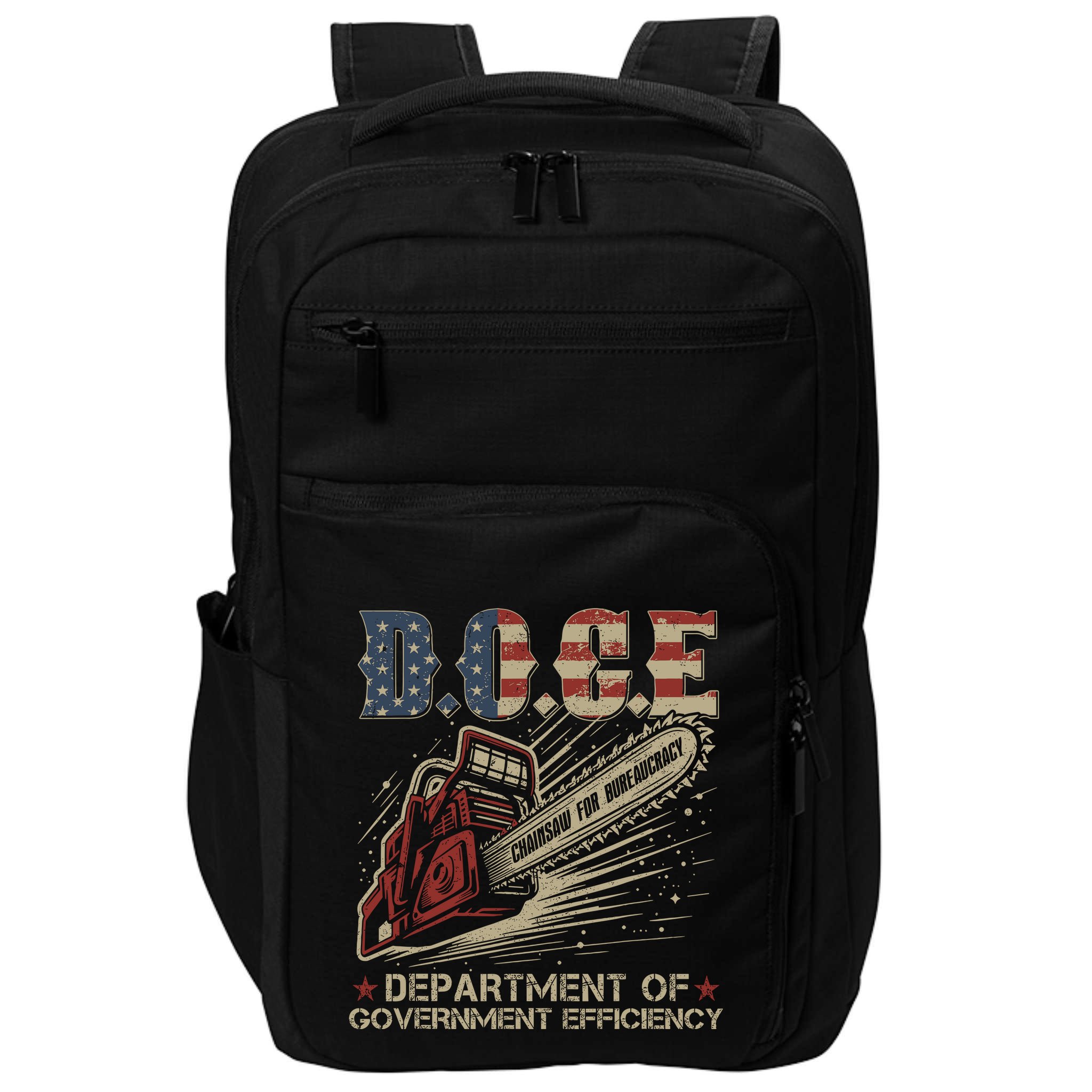 Chainsaw For Bureaucracy Funny D.O.G.E Doge Usa Flag Impact Tech Backpack