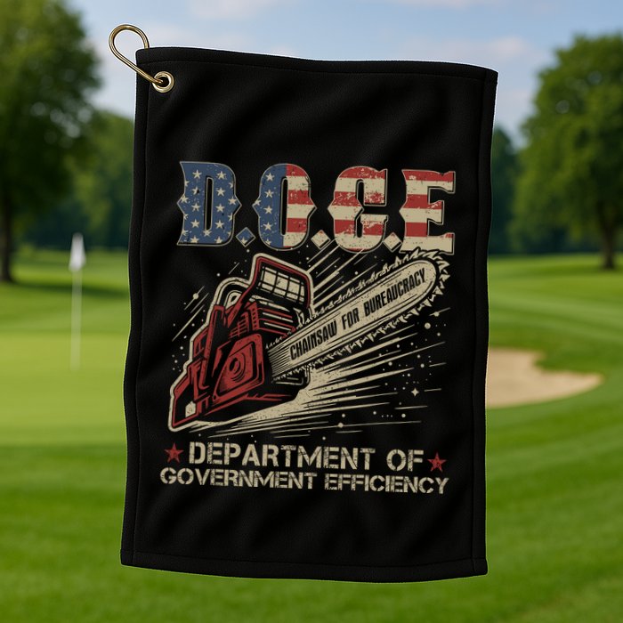 Chainsaw For Bureaucracy Funny D.O.G.E Doge Usa Flag Golf Towel