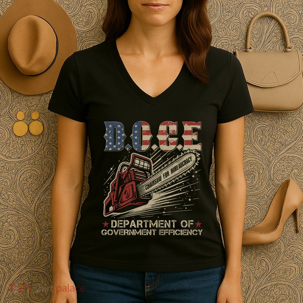 Chainsaw For Bureaucracy Funny D.O.G.E Doge Usa Flag Women's V-Neck T-Shirt