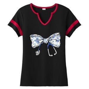 Cute Floral Blue Coquette Bow Stethoscope Nurse Doctor Ladies Halftime Notch Neck Tee